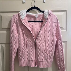 Cozy Pink Hooded Cable Knit Cardigan